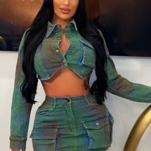 Green Denim Crop Jacket and Skirt Set